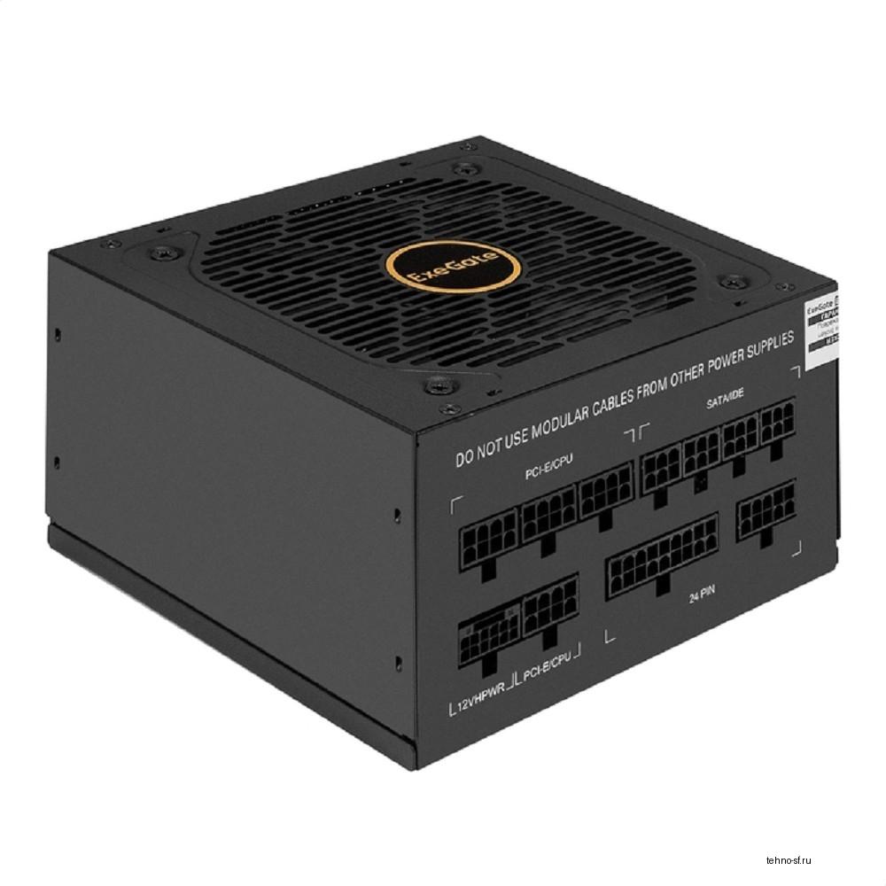 Exegate EX297234RUS Блок питания 1000W ExeGate 80 PLUS® GOLD 1000VSP FC (ATX3.0, APFC, КПД 90% (80 PLUS GOLD), 120mm fan, 24pin, 2x(4+4)pin, PCIE5.0/12VHPWR, 4xPCI-E, 6xSATA, 3xIDE, 1xFDD, Full Cable