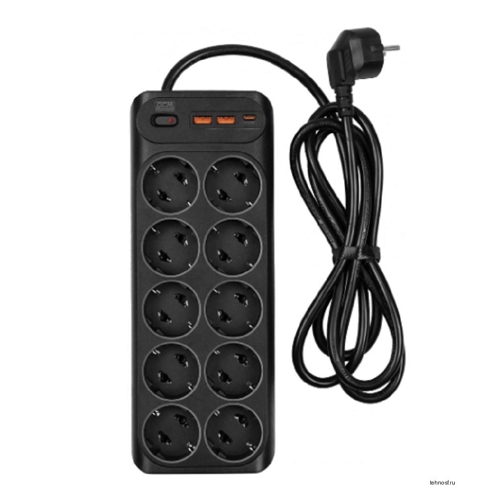 Powercom Сетевой фильтр SP-10 USB2A1CB 3,0 м (10*EU (СЕЕ 7/3)+1*USB-C+2*USB-A) {2065290}