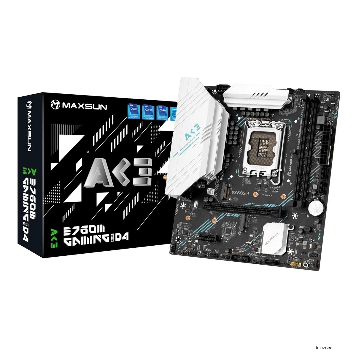 MAXSUN MS-B760M GAMING WIFI ACE D4 (Socket 1700, mATX, 2*DDR4(64b), VGA/HDMI, 3*SATA3, 2*M.2, 1xPCI-E x16 /1xPCI-E x4, 2*USB 2.0, 4*USB 3.2 GEN2, LAN 1*1G,  Bluetooth,  Wi-Fi 802.11ax, RTL)