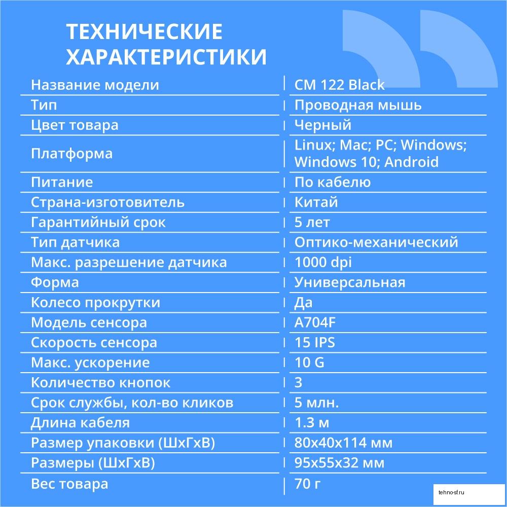 CBR CM 122 Black USB, Мышь офисн./ноутбучная, оптич., 1000 dpi, 3 кн., 1,3 м