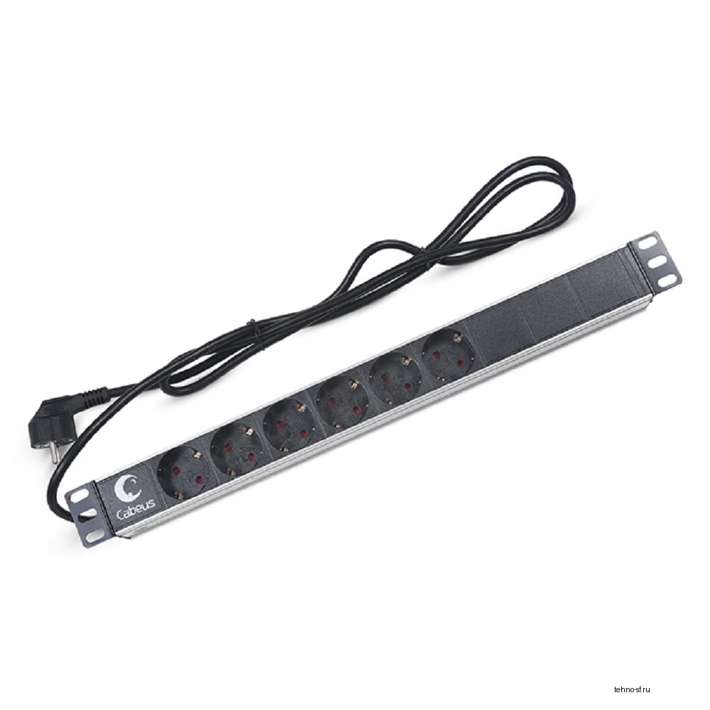 Cabeus PDU-6P-2EU Блок евророзеток для 19" шкафов, горизонтальный, 6 розеток, 16 A, без выключателя, шнур 2м, алюминиевый корпус, немецкий стандарт