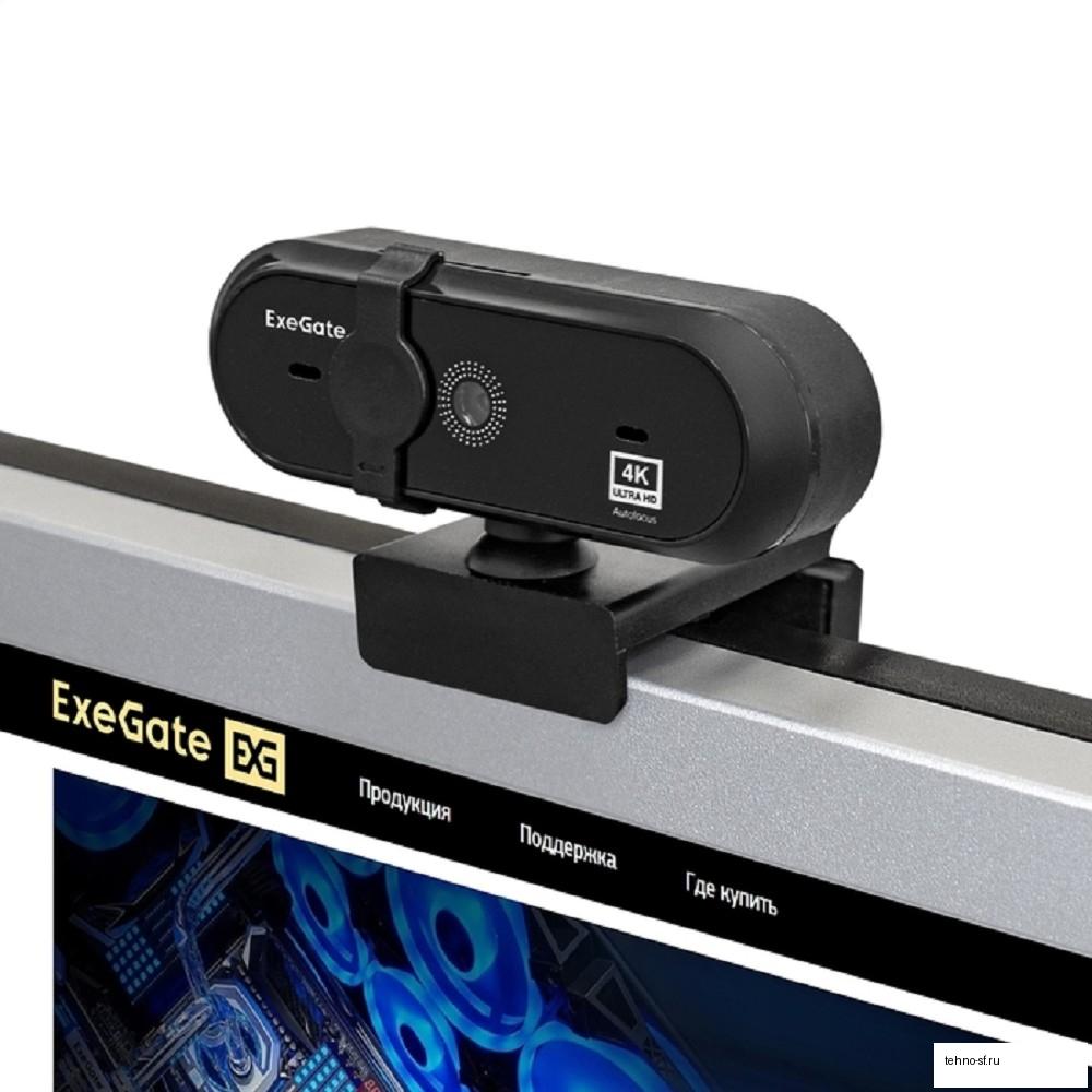 Exegate EX287383RUS Веб-камера ExeGateStream HD 4000 4K UHD T-Tripod (матрица 1/3" 8 Мп, 3840x2160, 32fps, 4-линзовый объектив (стекло), автофокус, шторка, USB, микрофон с шумоподавлением, поворотное