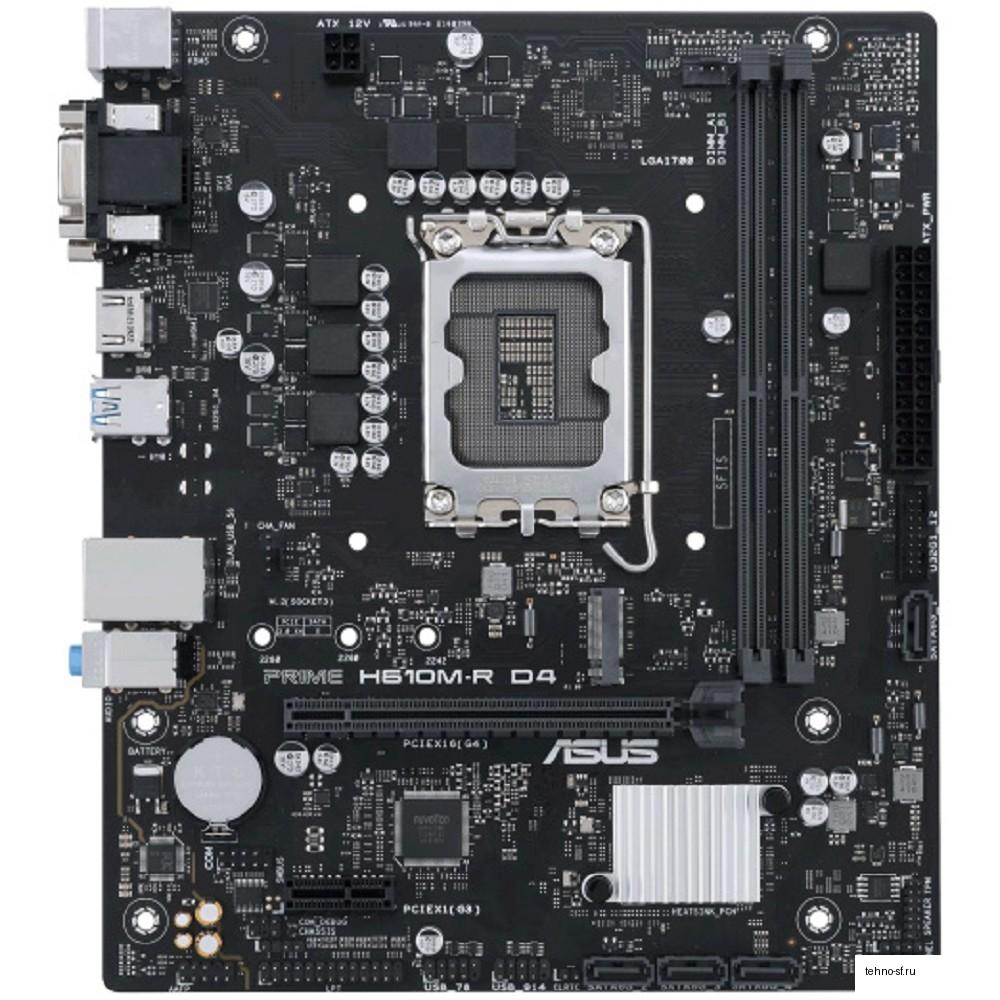 ASUS PRIME H610M-R D4-SI (Socket 1700, mATX, 2xDDR4(64GB), VGA/DVI-D/HDMI 2.1, 1xPCIe 4.0x16/1xPCIe 3.0, 1xLAN, 4xSATA 6Gb/s, 1xM.2, 2xUSB 3.2, 2xUSB 2.0, 2xPS/2)