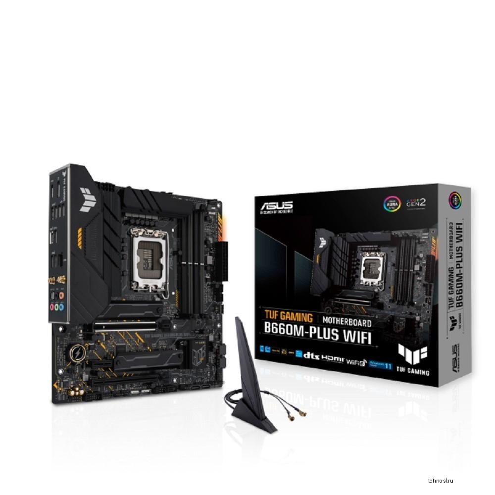 ASUS TUF GAMING B660M-PLUS WIFI (Socket 1700, mATX, 4xDDR5(128GB), DP/HDMI, 1xPCIe 5.0x16/1xPCIe 3.0x16/1xPCIe 4.0, 1xLAN (2.5GbE), 4xSATA 6Gb/s, 2xM.2, 1xType-C, 5xUSB 3.2, 2xUSB 2.0)