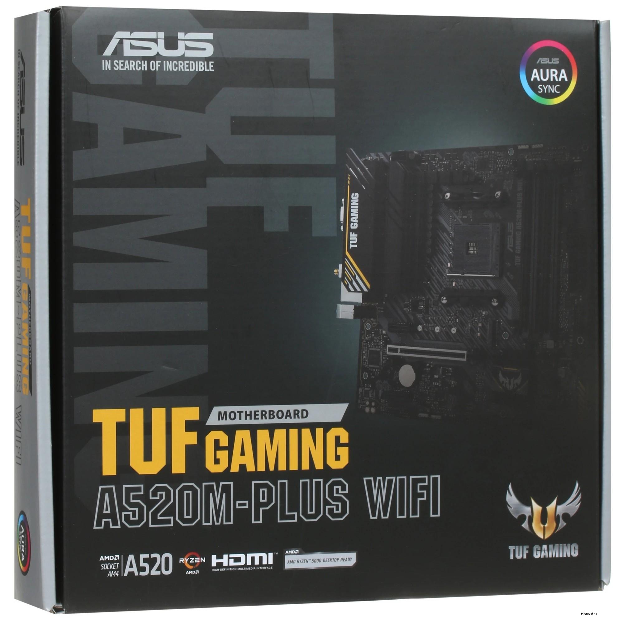 ASUS TUF GAMING A520M-PLUS WIFI (Socket AM4, mATX, 2xDDR4(128GB),  DP/VGA/HDMI, 1xPCIe 3.0x16/2xPCIe x1, 1xLAN, 4xSATA 6Gb/s, 1xM.2, BT, Wi-Fi ac, 4xUSB 3.2, 2xUSB 2.0, 1xPS/2)