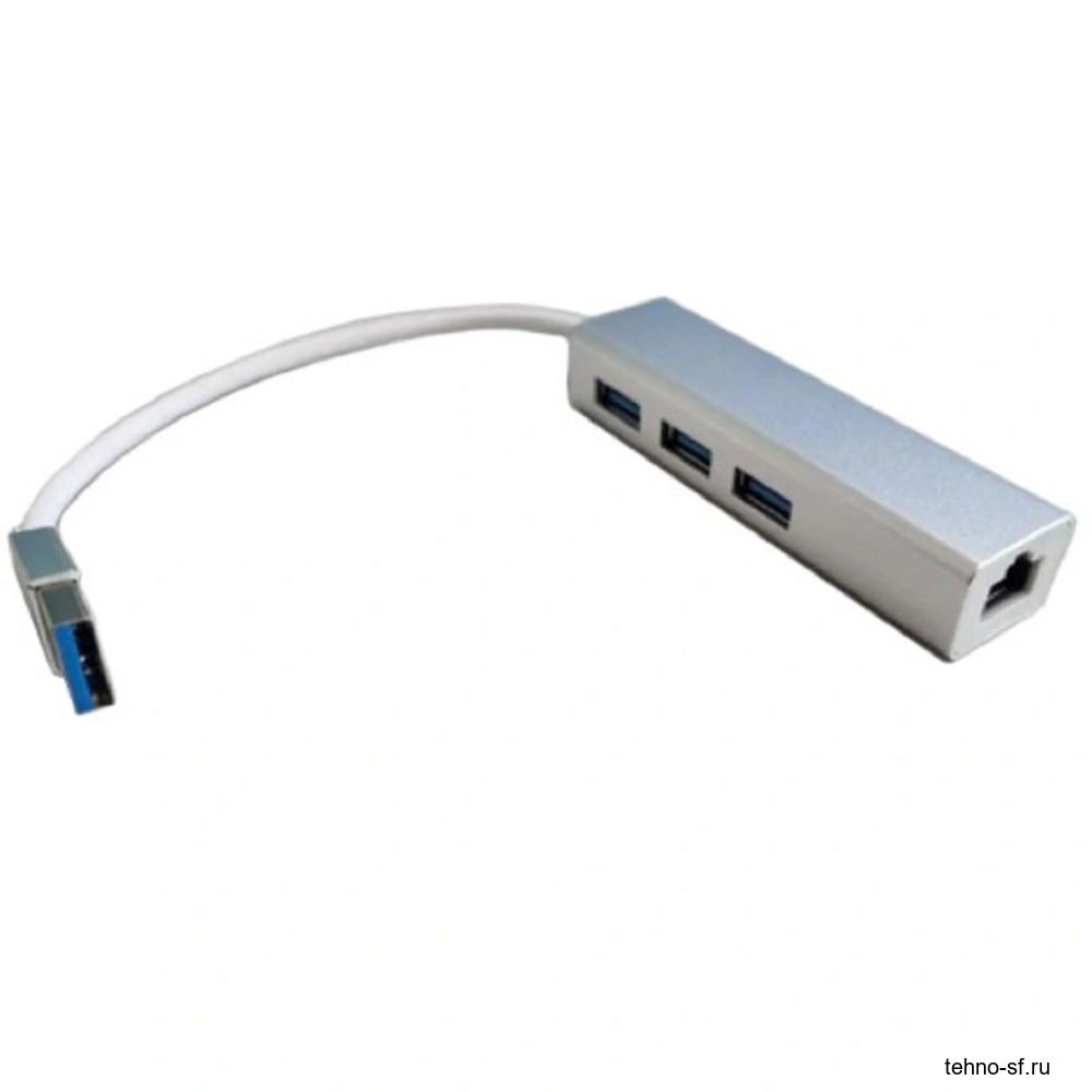 Bion переходник USB3.0 -> RJ-45/3*USB3.0, 1000mbps, алюминиевый корпус, 20 см [BXP-USBA-LAN-USB]
