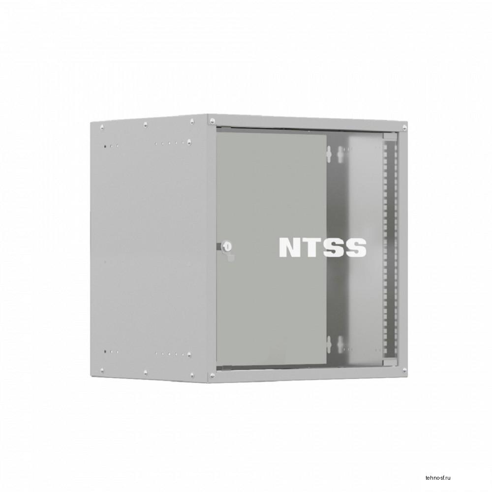 NTSS Шкаф настенный телекоммуникационный NTSS LIME 9U 550х600х500мм, 2 профиля 19, дверь стеклянная, боковые стенки несъемные, разобранный, серый RAL 7035 NTSS-WL9U5560GS
