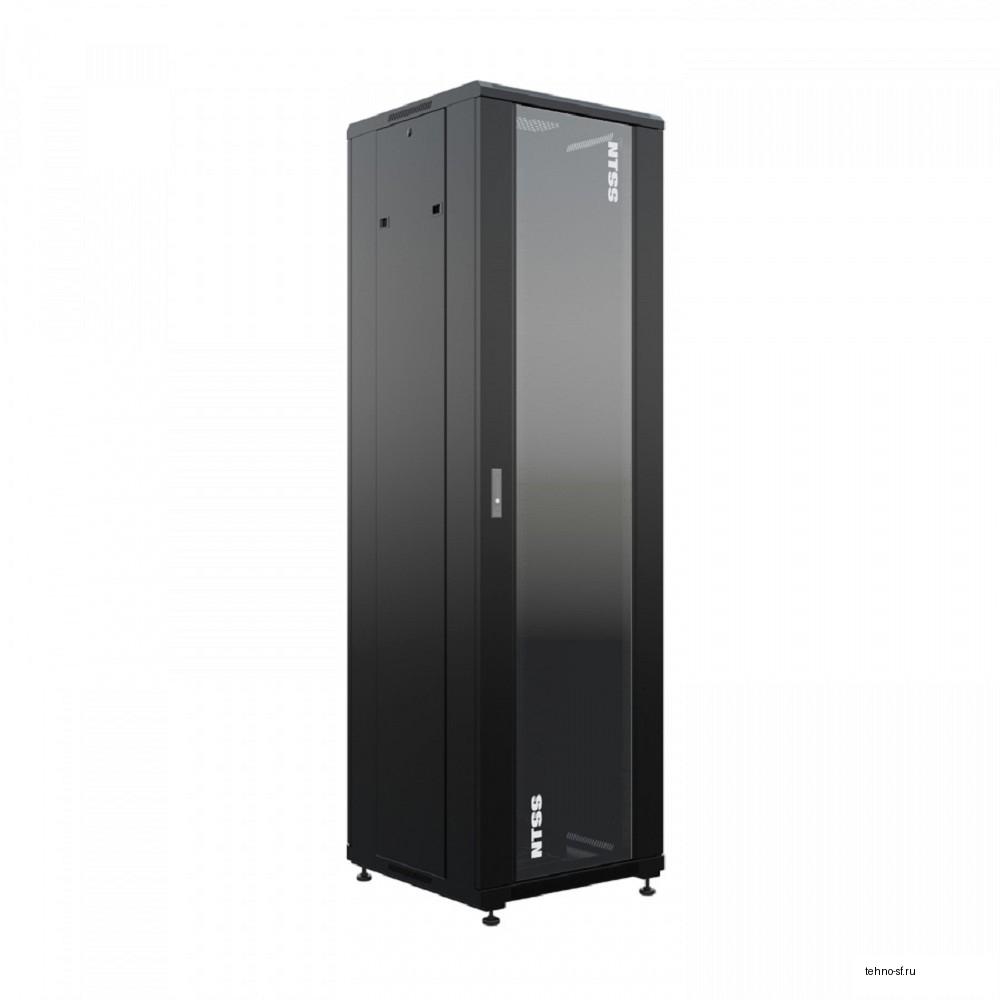 NTSS Шкаф напольный универсальный серверный NTSS R 18U 600х600мм, 4 профиля 19, двери стекло и сплошная металл, боковые стенки съемные, регулируемые опоры, разобранный, черный RAL 9005 NTSS-R18U6060GS