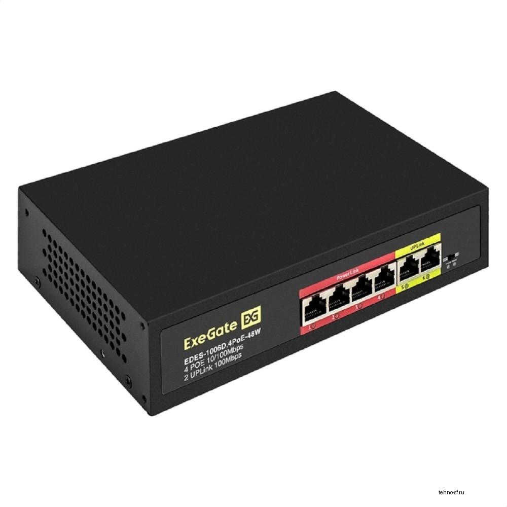 Exegate EX299020RUS Коммутатор неуправляемый ExeGate EDES-1006D.4PoE-48W (6-портовый UTP 10/100 Base-Tx: 4 порта 802.3af (PoE), мощность PoE: 25W, суммарно 48W, 2 порта RJ45 uplink, настенный/настольн