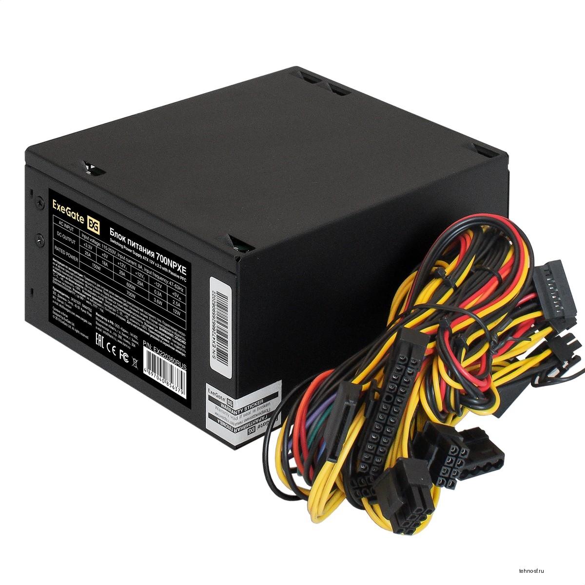 Exegate EX220360RUS Блок питания 700W Exegate 700NPXE(+PFC), black, 12cm fan, 24p+(4+4)p, 6/8p PCI-E, 4*SATA, 3*IDE, FDD
